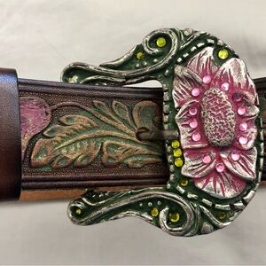 LEATHEROCK Embossed Brown Leather Belt w/ Pink and Green Floral Embellishment.
